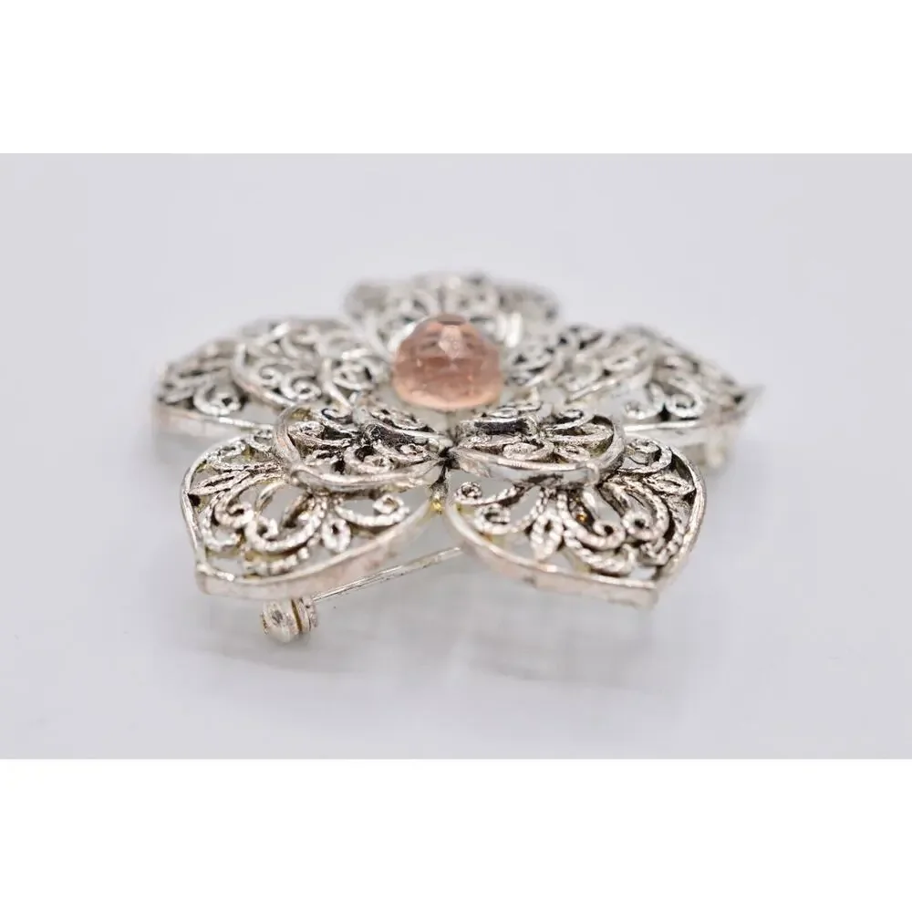 Monet Vintage Pin Brooch Silver Filigree Pink Crystal Flower Shiny Signed Bin5B